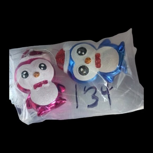 Holiday time pinguins christmas tree ornaments set of 2 blue/pink - Picture 5 of 5